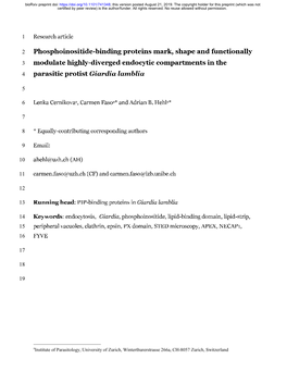 Phosphoinositide-Binding Proteins Mark, Shape and Functionally 3 Modulate Highly-Diverged Endocytic Compartments in the 4 Parasitic Protist Giardia Lamblia