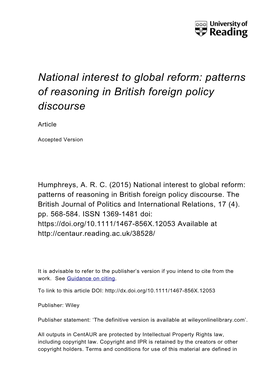 National Interest to Global Reform: Patterns of Reasoning in British Foreign Policy Discourse