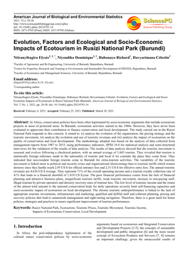 Evolution, Factors and Ecological and Socio-Economic Impacts of Ecotourism in Rusizi National Park (Burundi)