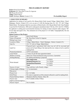 PRE-FEASIBILITY REPORT Project: Brick Earth Mining Proponent: Mr