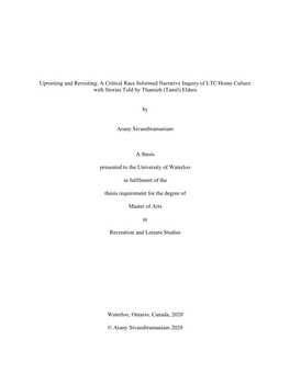 A Critical Race Informed Narrative Inquiry of LTC Home Culture with Stories Told by Thamizh (Tamil) Elders