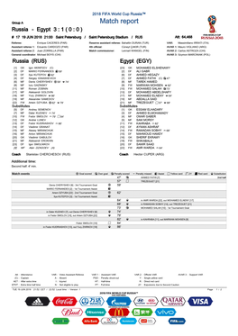 Match Report Russia - Egypt 3 : 1 ( 0 : 0 ) # 17 19 JUN 2018 21:00 Saint Petersburg / Saint Petersburg Stadium / RUS Att: 64,468