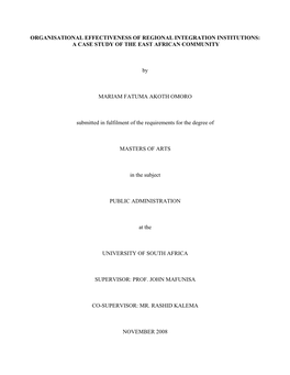 Organisational Effectiveness of Regional Integration Institutions: a Case Study of the East African Community