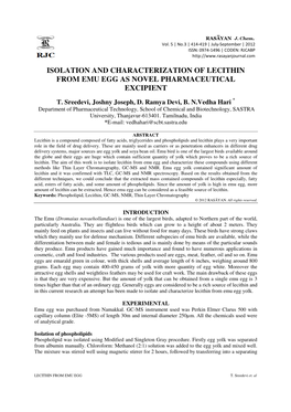 Isolation and Characterization of Lecithin from Emu Egg As Novel Pharmaceutical Excipient