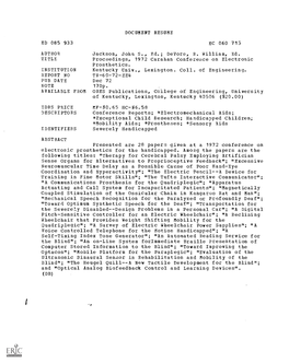 Proceedings, 1972 Carahan Conference on Electronic Prosthetics. INSTITUTION Kentucky Univ., Lexington