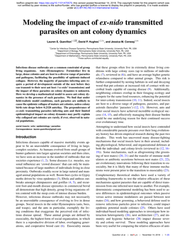 Modeling the Impact of Ex-Nido Transmitted Parasites on Ant Colony Dynamics