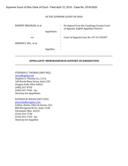 IN the SUPREME COURT of OHIO ROBERT BROSNAN, Et Al. : on Appeal from the Cuyahoga County Court : of Appeals, Eighth Appe