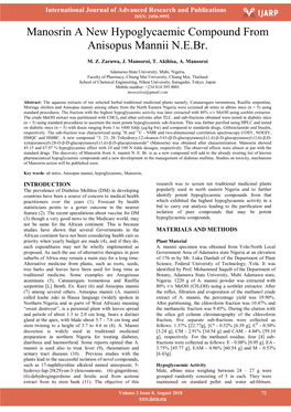 Manosrin a New Hypoglycaemic Compound from Anisopus Mannii N.E.Br