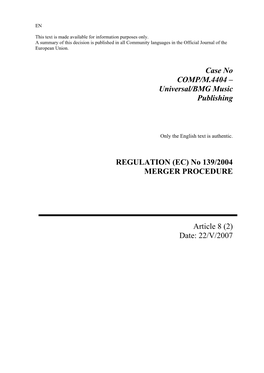 Universal/BMG Music Publishing REGULATION (EC)