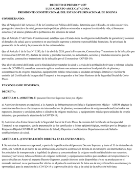 Decreto Supremo N° 4537 Luis Alberto Arce Catacora Presidente Constitucional Del Estado Plurinacional De Bolivia Considerando