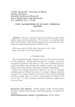 Vasile Alecsandri” University of Bac˘Au Faculty of Sciences Scientiﬁc Studies and Research Series Mathematics and Informatics Vol