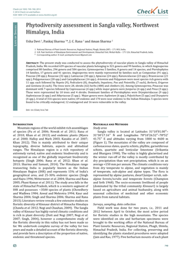 Chec List Phytodiversity Assessment in Sangla Valley, Northwest Himalaya, India