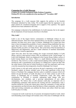 Campaign for a Leith Museum Evidence for Scottish Parliament Public Petitions Committee Petition PE 103, to Be Considered at the Meeting of 6Th November, 2007