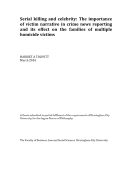 Serial Killing and Celebrity: the Importance of Victim Narrative in Crime News Reporting and Its Effect on the Families of Multiple Homicide Victims