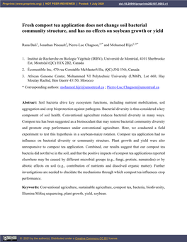 Fresh Compost Tea Application Does Not Change Soil Bacterial Community Structure, and Has No Effects on Soybean Growth Or Yield