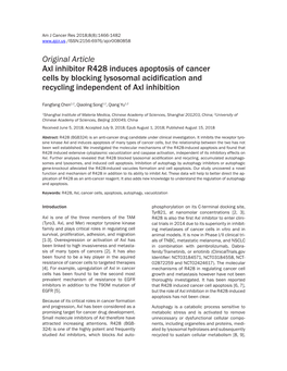 Original Article Axl Inhibitor R428 Induces Apoptosis of Cancer Cells by Blocking Lysosomal Acidification and Recycling Independent of Axl Inhibition