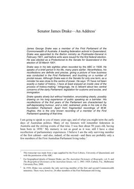 Senator James Drake—An Address*