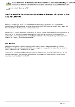 Comisión De Constitución Elaborará Tercer Dictamen Sobre Ley De Consulta Published on Servindi - Servicios De Comunicación Intercultural (