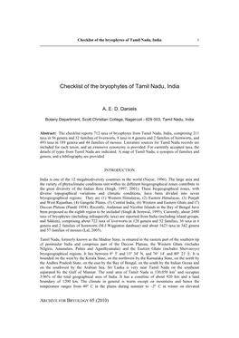 Checklist of the Bryophytes of Tamil Nadu, India 1