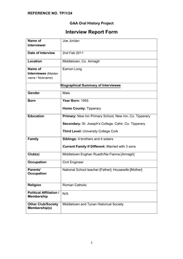 GAA Oral History Project Interview Report Form