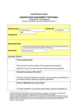 DISSERTATION ASSESSMENT PROFORMA: Theoretical / Conceptual (Including: Desk-Based, Secondary Data, Meta-Analysis) 1