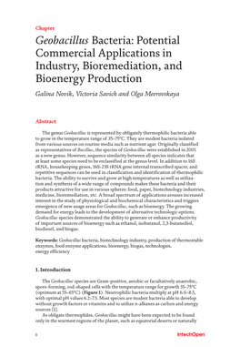 Geobacillus Bacteria: Potential Commercial Applications in Industry, Bioremediation, and Bioenergy Production Galina Novik, Victoria Savich and Olga Meerovskaya