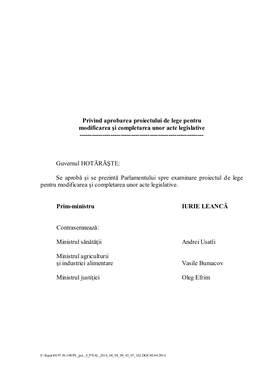 Privind Aprobarea Proiectului De Lege Pentru Modificarea Şi Completarea Unor Acte Legislative