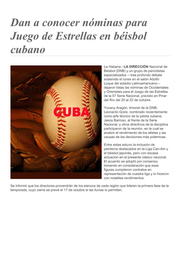 Dan a Conocer Nóminas Para Juego De Estrellas En Béisbol Cubano