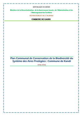 Plan Communal De Conservation De La Biodiversité Du Sysysystèmesy Stème Des Aires Protégées : Commune De Kandi 2015-2019