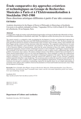 Étude Comparative Des Approches Créatrices Et Technologiques Au Groupe De Recherches Musicales À Paris Et À L’Elektronmusikstudion À Stockholm 1965-1980 (Oli%Donlu