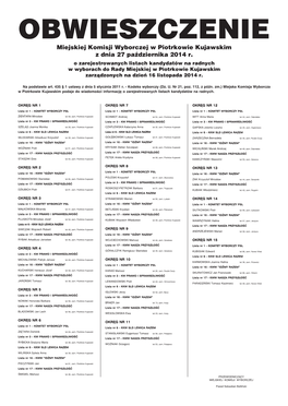 Miejskiej Komisji Wyborczej W Piotrkowie Kujawskim Z Dnia 27 Października 2014 R