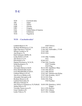 TCH - Czechoslovakia TPE - Taipei TUR - Turkey UKR - Ukraine URU - Uruguay USA - United States of America UZB - Uzbekistan YUG - Yugoslavia