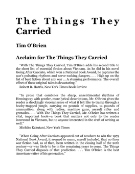 Tim O'brien Acclaim for the Things They Carried