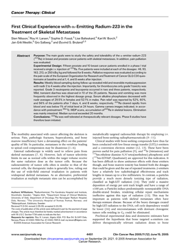 First Clinical Experience with A-Emitting Radium-223 in the Treatment of Skeletal Metastases Sten Nilsson,1Roy H