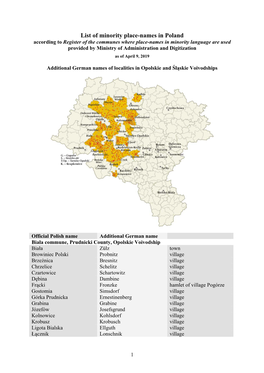 Additional German Names of Localities in Opolskie and Śląskie Voivodships
