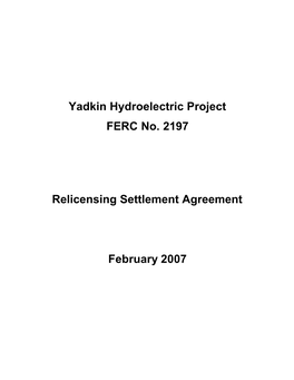 Yadkin Hydroelectric Project FERC No. 2197 Relicensing Settlement