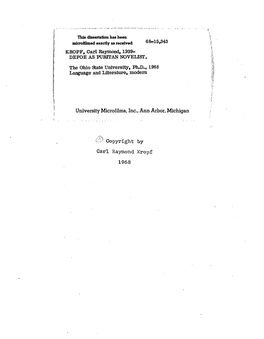 KROPF, Carl Raymond, 1939- DEFOE AS PURITAN NOVELIST. the Ohio