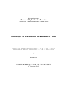 Arthur Ruppin and the Production of the Modern Hebrew Culture