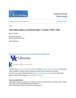 The Public Papers of Governor Bert T. Combs: 1959–1963
