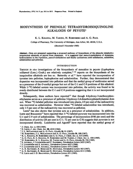 Biosynthesis of Phenolic Tetrahydroisoquinoline Alkaloids of Peyote’