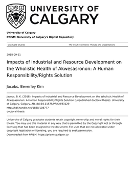 Impacts of Industrial and Resource Development on the Wholistic Health of Akwesasronon: a Human Responsibility/Rights Solution