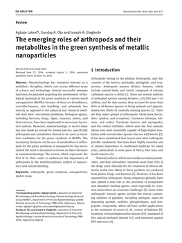 The Emerging Roles of Arthropods and Their Metabolites in the Green Synthesis of Metallic Nanoparticles