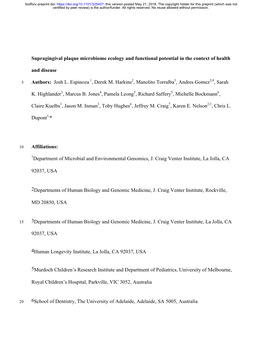 Supragingival Plaque Microbiome Ecology and Functional Potential in the Context of Health and Disease Authors