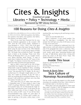 March 2008 ISSN 1534-0937 Walt Crawford 100 Reasons for Doing Cites & Insights