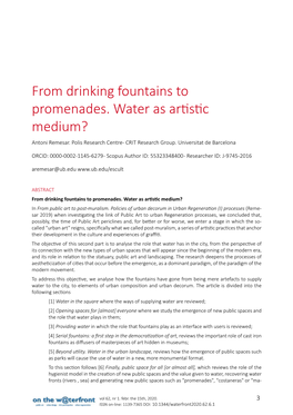 From Drinking Fountains to Promenades. Water As Artistic Medium? Antoni Remesar