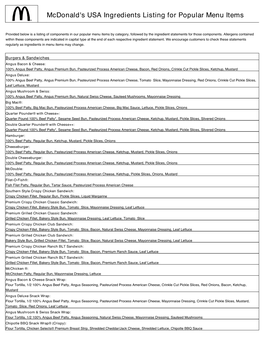 Mcdonald's USA Ingredients Listing for Popular Menu Items