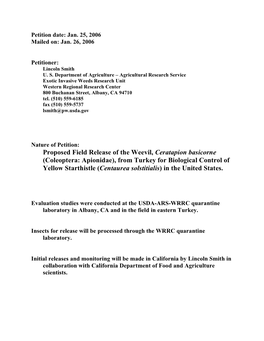 From Turkey for Biological Control of Yellow Starthistle (Centaurea Solstitialis) in the United States