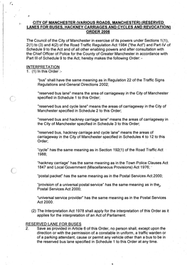 (Various Roads, Manchester) (Reserved Lanes for Buses, Hackney Carriages and Cycles and Revocation) Order 2006