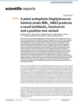 A Plant Endophyte Staphylococcus Hominis Strain MBL AB63 Produces a Novel Lantibiotic, Homicorcin and a Position One Variant M