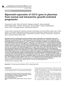 Biparental Expression of ESX1L Gene in Placentas from Normal and Intrauterine Growth-Restricted Pregnancies